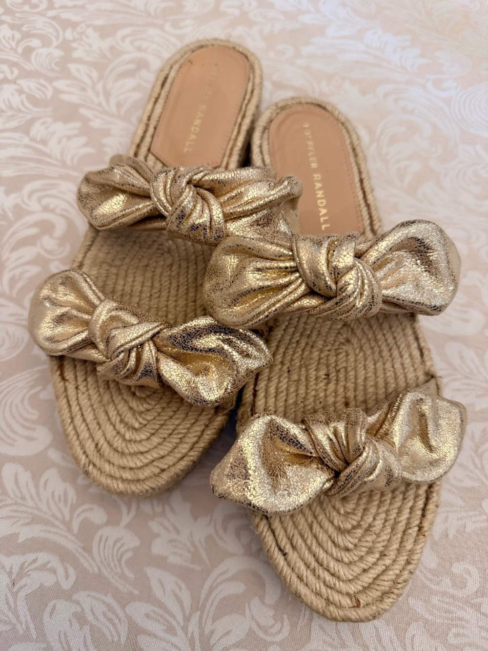 Loeffler Randall Gold Metallic Knot Bow Espadrille Slide Sandals: Size 39 / US 9